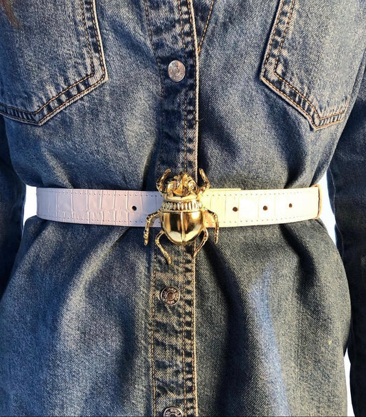 Lola Bassó gold plated beetle white leather belt